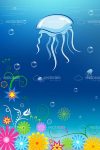 Underwater Background with Jellyfish, Flowers and Bubbles